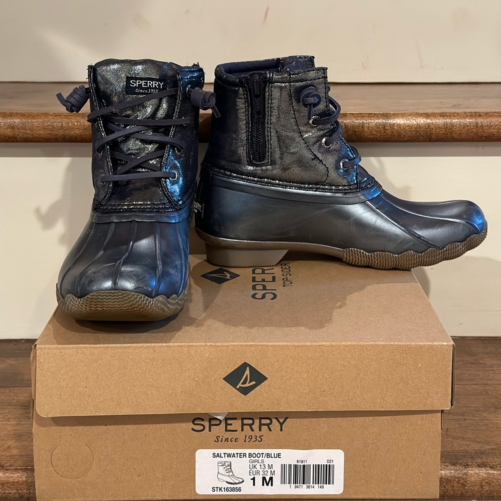 Youth, Size 1 Sperry, Blue Glitter, Saltwater Duck Boats